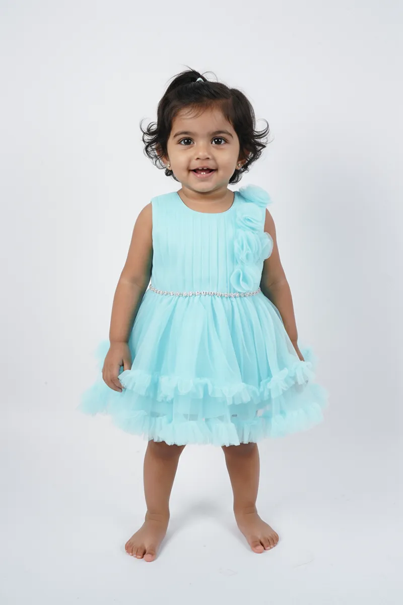 Baby Girl's Polyester Embellished Tulle Party Frock - Blue