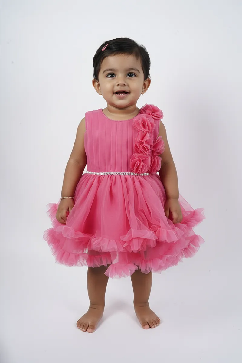 Baby Girl's Polyester Embellished Tulle Party Frock - Dark Pink