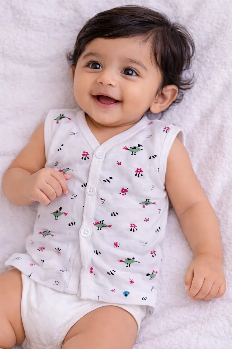 Printed Button Jhabla for Babies - White