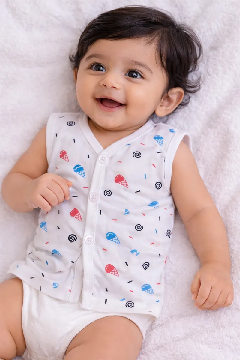 Printed Button Jhabla for Babies - White