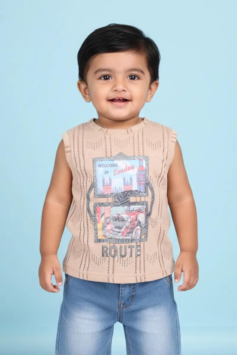 Printed Cotton Sleeveless T-Shirt for Baby Boys - Beige CLJBT00135BEI612M