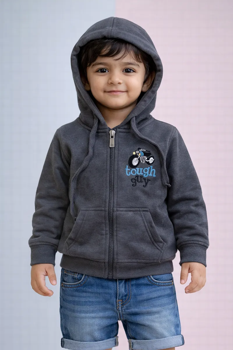Cotton Blend Solid Hoodie for Baby Boys - Dark Grey