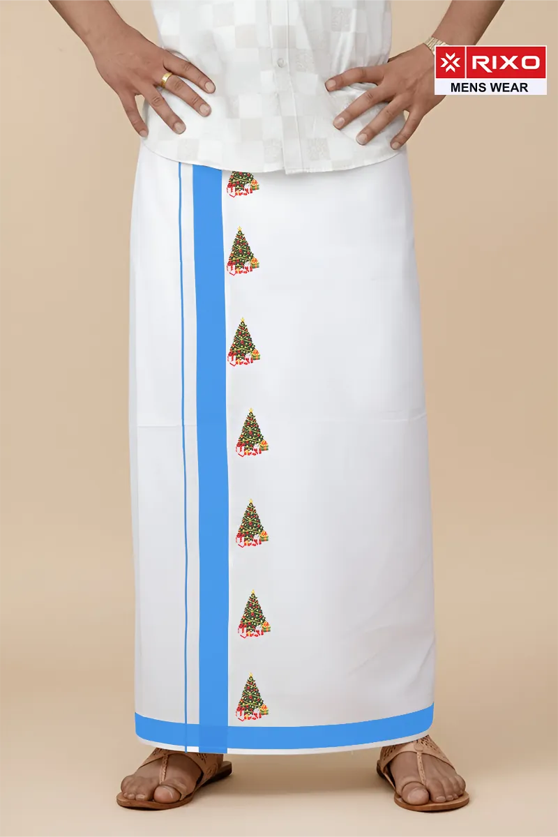 Men's Cotton Dhoti with Christmas X- Max Tree Theme Rixo MCR CLMDH66BLU2MTR
