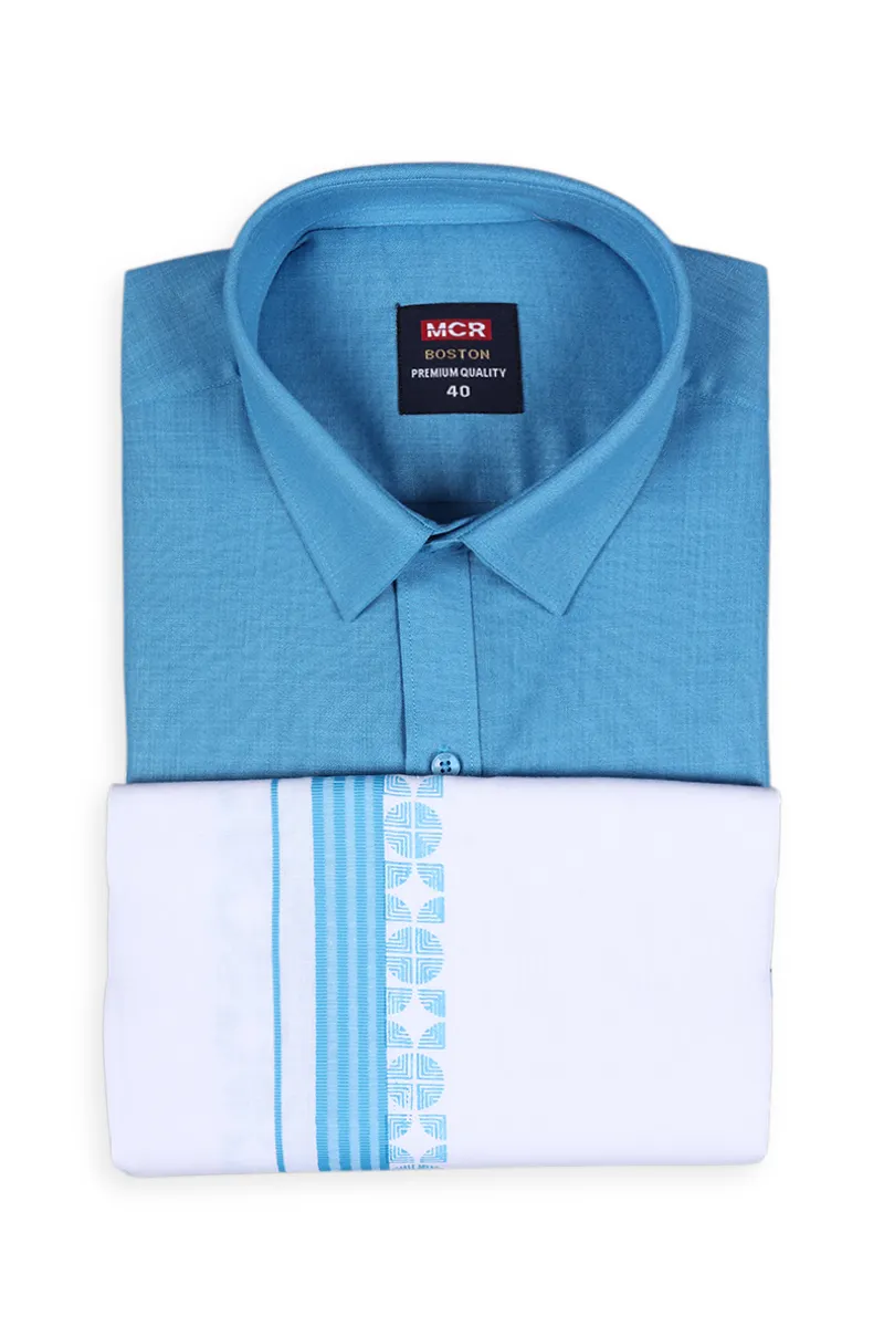 Cotton Shirt with Fancy Border Dhoti Set for Men (2-Pcs Set) CLMDS17BLU38