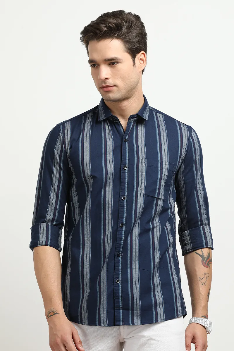Men's Cotton Slim Fit Striped Shirt CLMSH048NAVXL