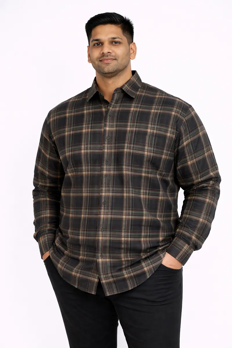 Men's Cotton Checkered Plus Size Shirt CLMSH058BRO2XL