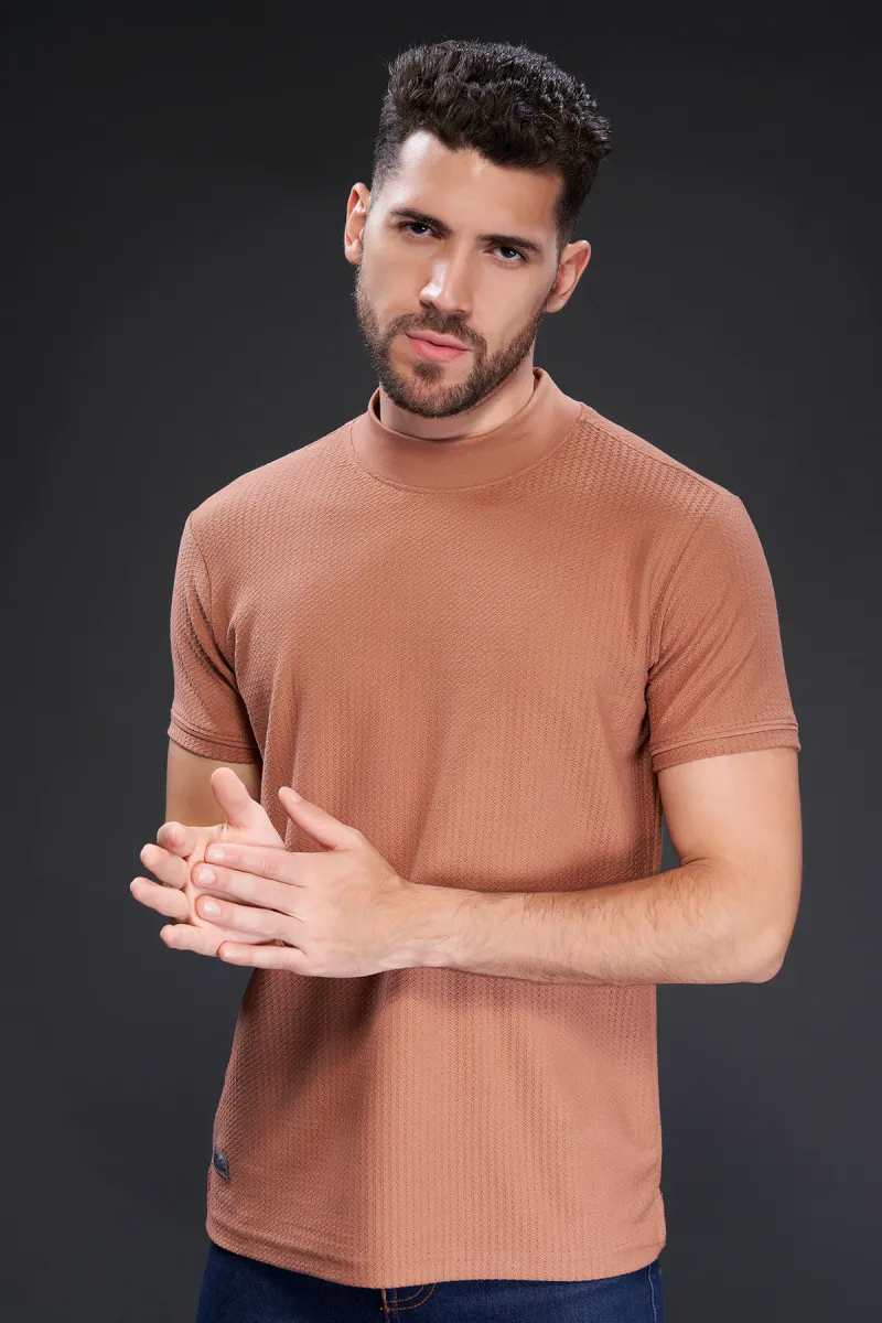 Cotton Solid High Neck Tshirt for Men CLMTS04BRO40