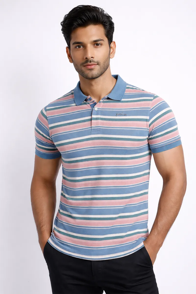 Men's Cotton Colorblock Polo Neck T-shirt CLMTS49BLU40