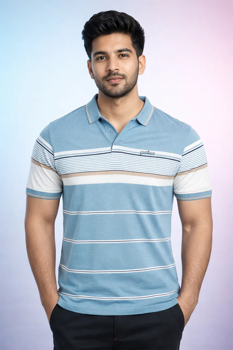 Cotton Colorblock Polo Neck T-shirt for Mens CLMTS56BLU38