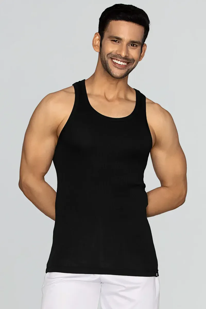 Men's Textured Combed Cotton Vest CLMVS06BLAS