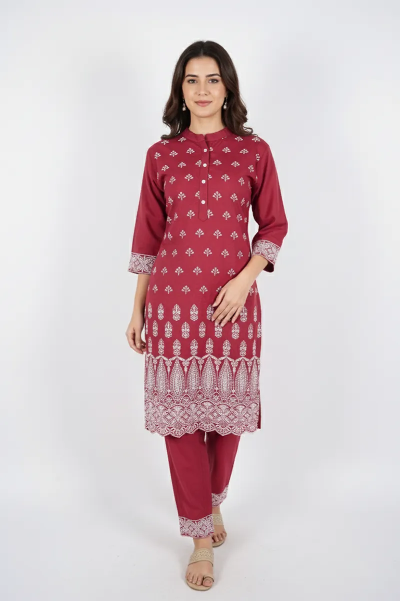 Cotton Blend Embroidered Kurti with Pant Set for Women 