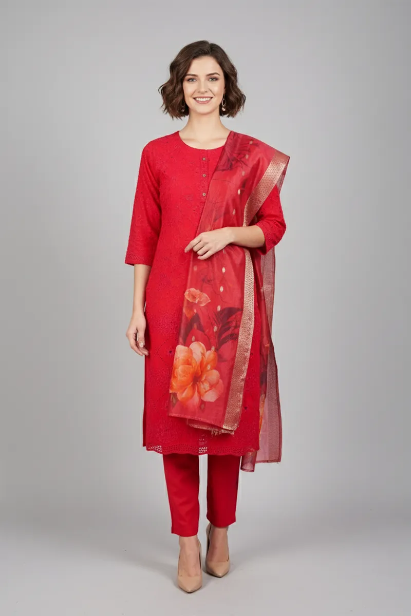 Polycotton Chikankari Embroidered Kurti with Pant & Dupatta Set for Women CLW00092DEEPINXXL Kurti set kurthi 3 pcs set kurtha set salwar set 3 piece salwar set three pies kurti set kurti3set