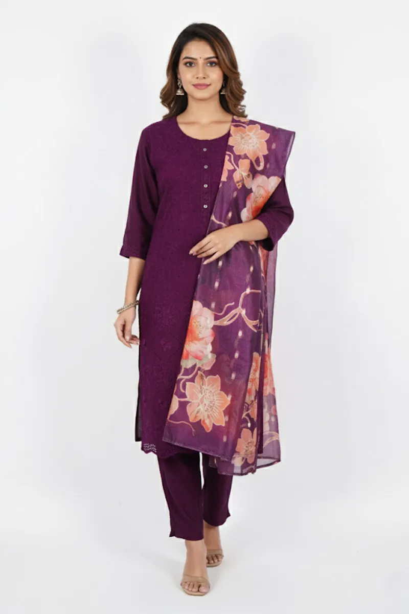 Polycotton Chikankari Embroidered Kurti with Pant & Dupatta Set for Women CLW00092WINXXL Kurti set kurthi 3 pcs set kurtha set salwar set 3 piece salwar set three pies kurti set kurti3set