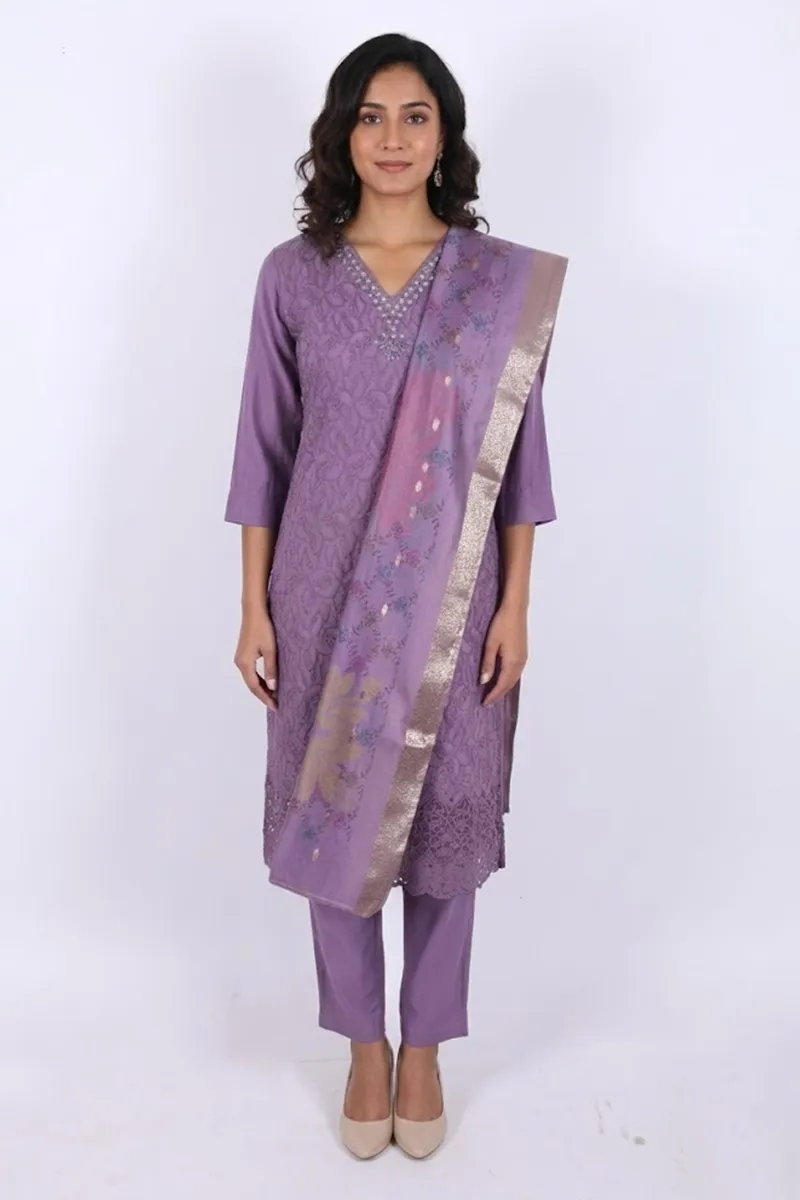 Polycotton Chikankari Embroidered Kurti with Pant & Dupatta Set for Women