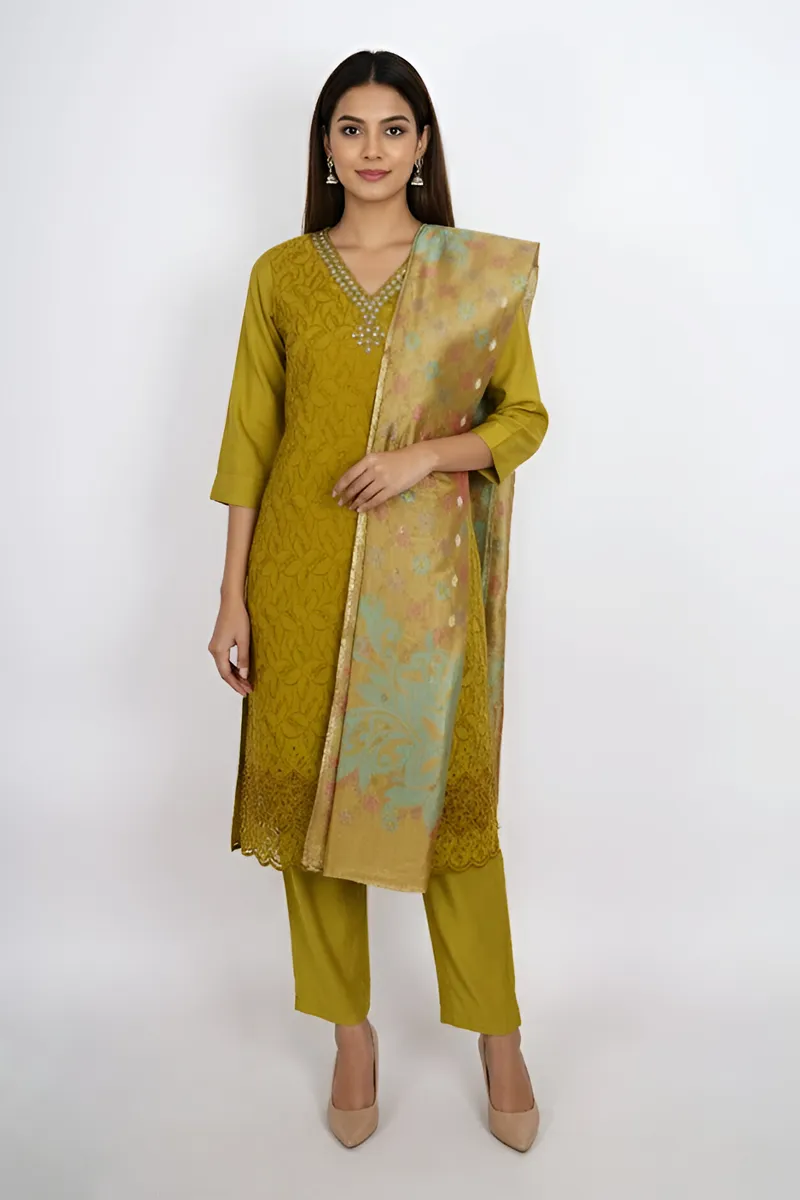 Polycotton Chikankari Embroidered Kurti with Pant & Dupatta Set for Women CLW00093OLIXXL Kurti set kurthi 3 pcs set kurtha set salwar set 3 piece salwar set three pies kurti set kurti3set