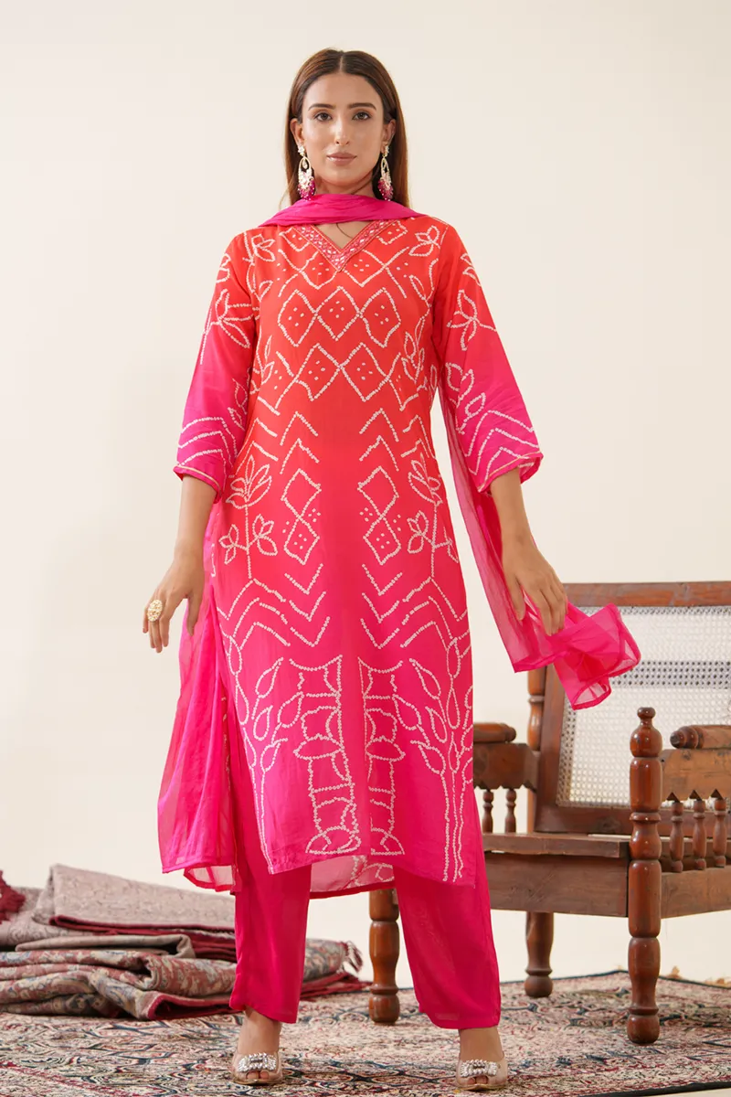 Viscose Rayon Bandhani Printed Kurti with Pant & Dupatta Set for Women CLW00110PINM Kurti set kurthi 3 pcs set kurtha set salwar set 3 piece salwar set three pies kurti set kurti3set