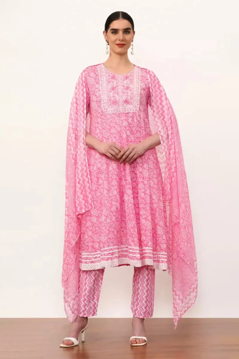 Cotton Floral Printed Kurti with Pant & Dupatta Set for Women  