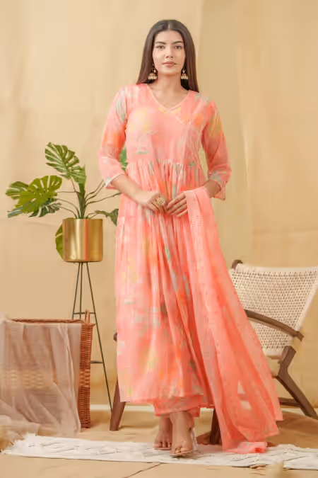 Poly Chiffon Floral Printed A-Line Kurti with Pant & Dupatta Set for Women  