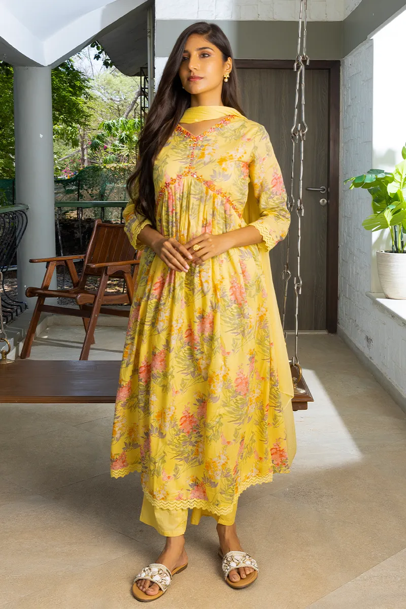 Cotton Floral Printed A-Line Kurti with Pant & Dupatta Set for Women 