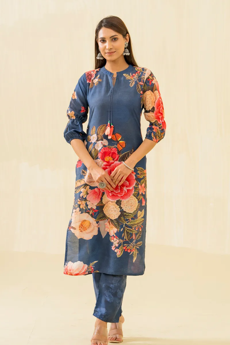 Cotton Blend Floral Printed Kurti with Pant Set for Women 