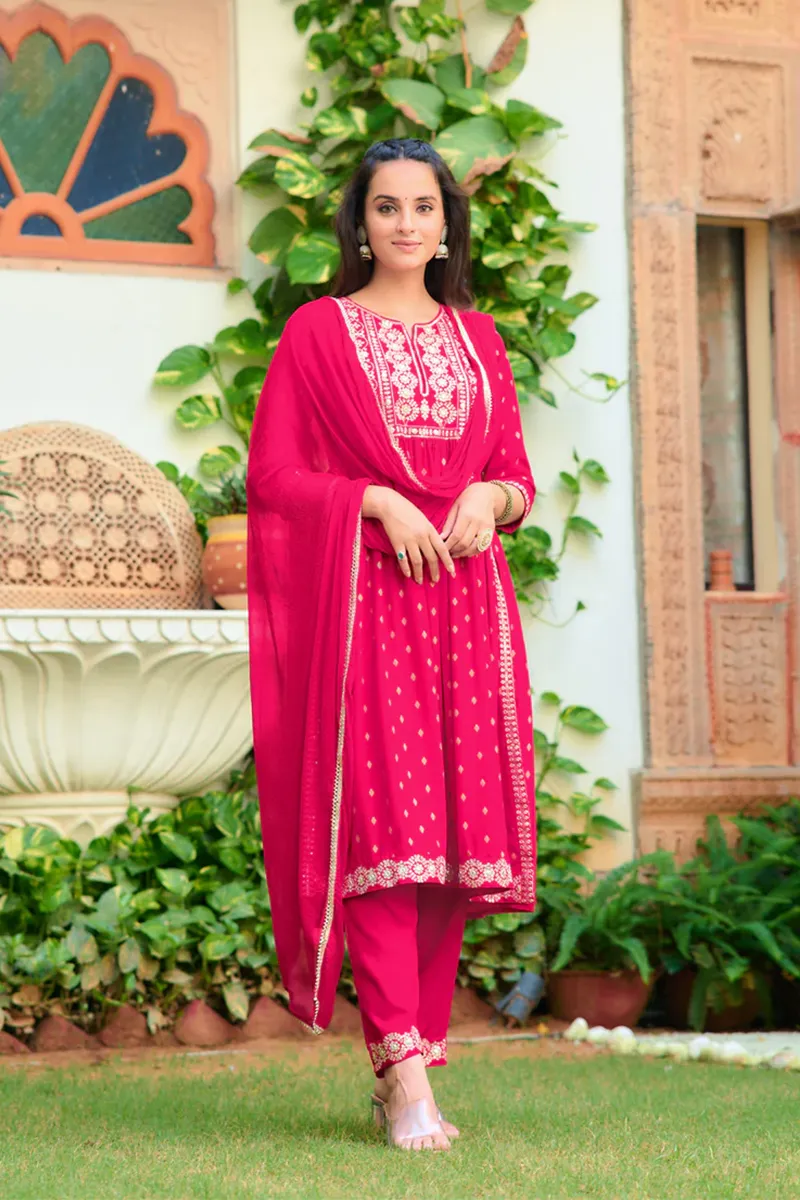 Rayon Nyra Cut Sequined & zari Embroidery Kurti with Pant & Dupatta Set for Women CLW00137HOTPINM Kurti set kurthi 3 pcs set kurtha set salwar set 3 piece salwar set three pies kurti set kurti3set