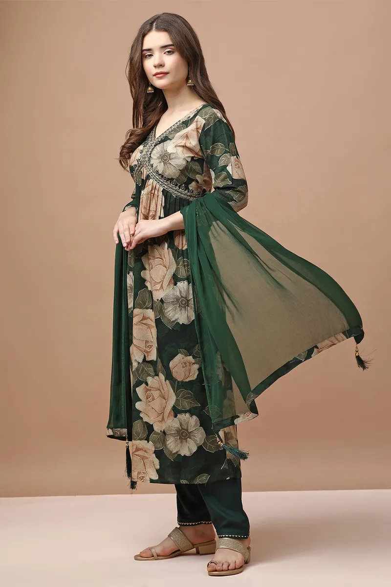 Rayon Alia Cut Floral Printed Kurti with Pant & Dupatta Set for Women CLW00144GRES Kurti set kurthi 3 pcs set kurtha set salwar set 3 piece salwar set three pies kurti set kurti3set