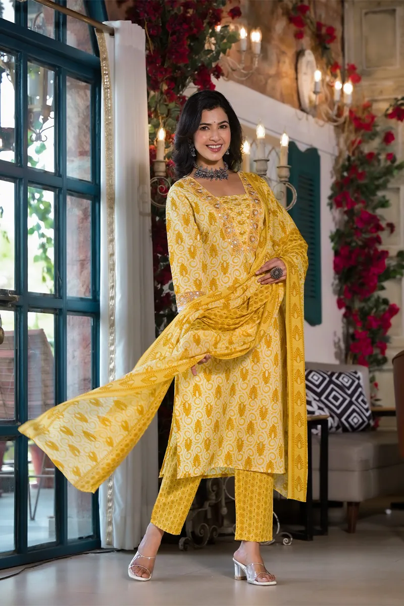 Cotton Blend Printed Kurti with Pant & Dupatta Set for Women 