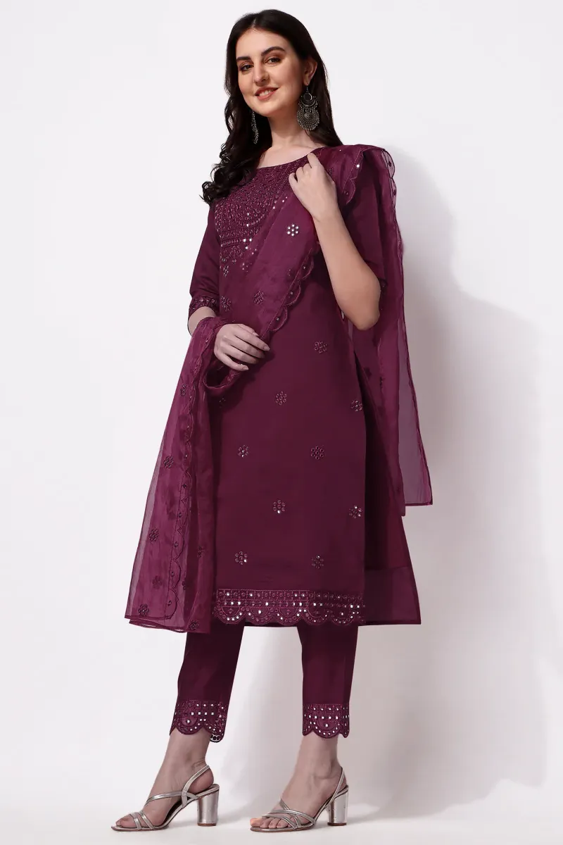 Chanderi Cotton Embroidered Kurti with Pant & Dupatta Set for Women CLW00152MARXL Kurti set kurthi 3 pcs set kurtha set salwar set 3 piece salwar set three pies kurti set kurti3set