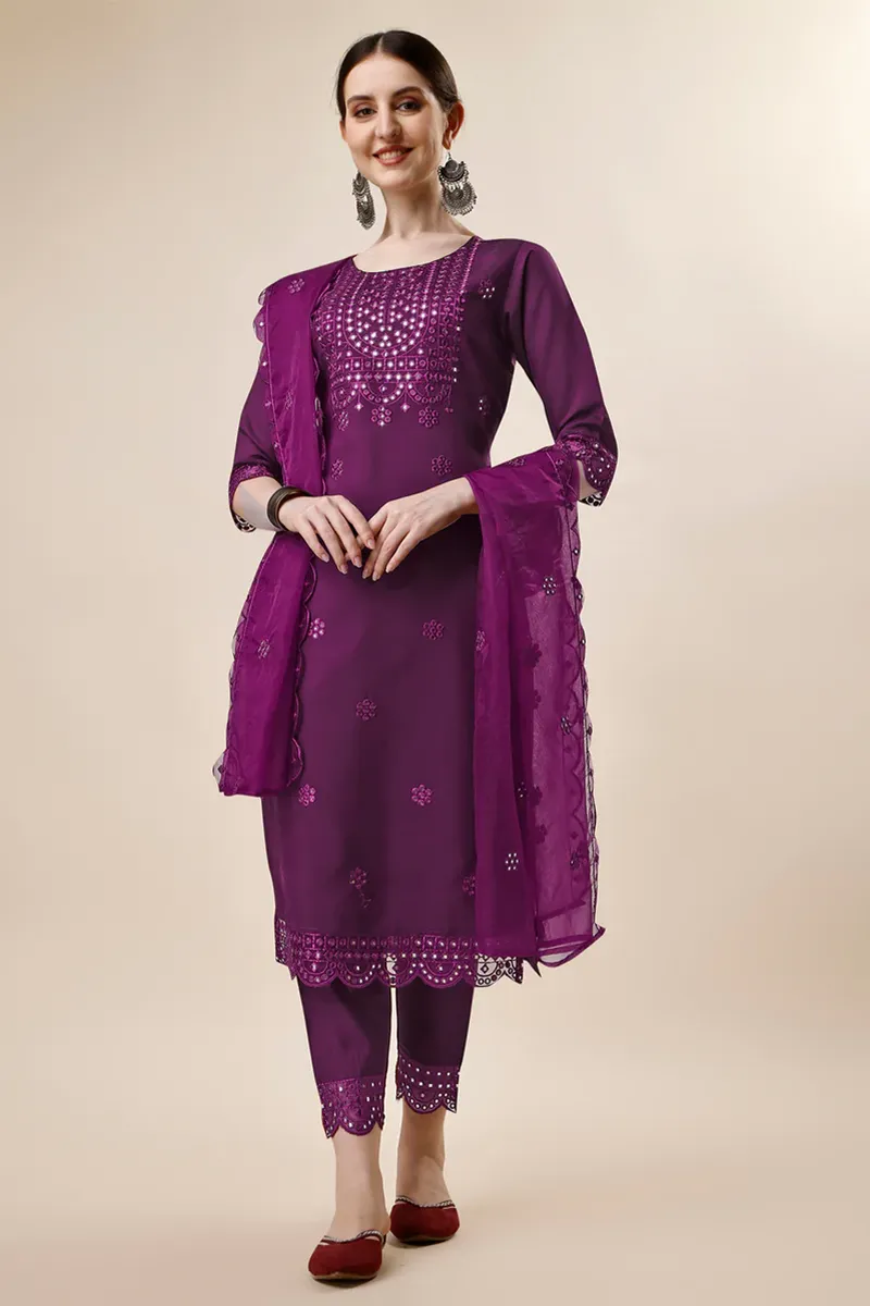 Chanderi Cotton Embroidered Kurti with Pant & Dupatta Set for Women