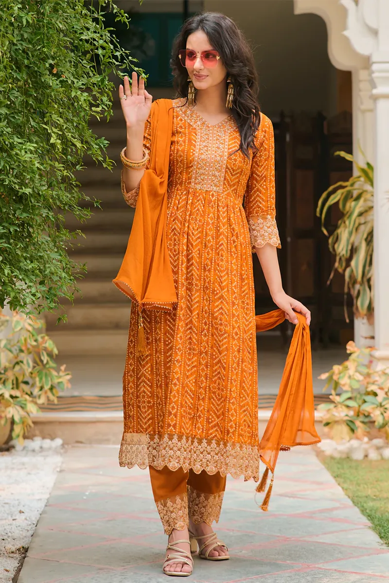 Rayon Nyra Cut Bandhani Printed Kurti with Pant & Dupatta Set for Women 