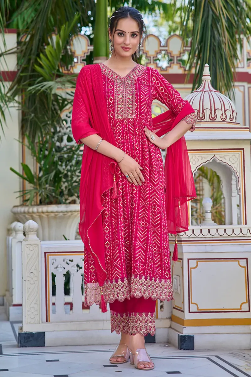 Rayon Nyra Cut Bandhani Printed Kurti with Pant & Dupatta Set for Women 