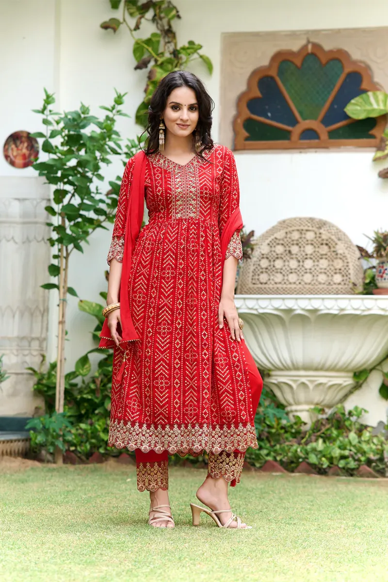 Rayon Nyra Cut Bandhani Printed Kurti with Pant & Dupatta Set for Women 