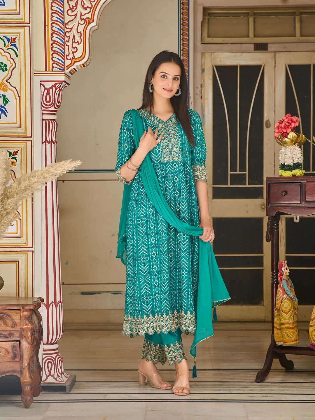 Rayon Nyra Cut Bandhani Printed Kurti with Pant & Dupatta Set for Women 