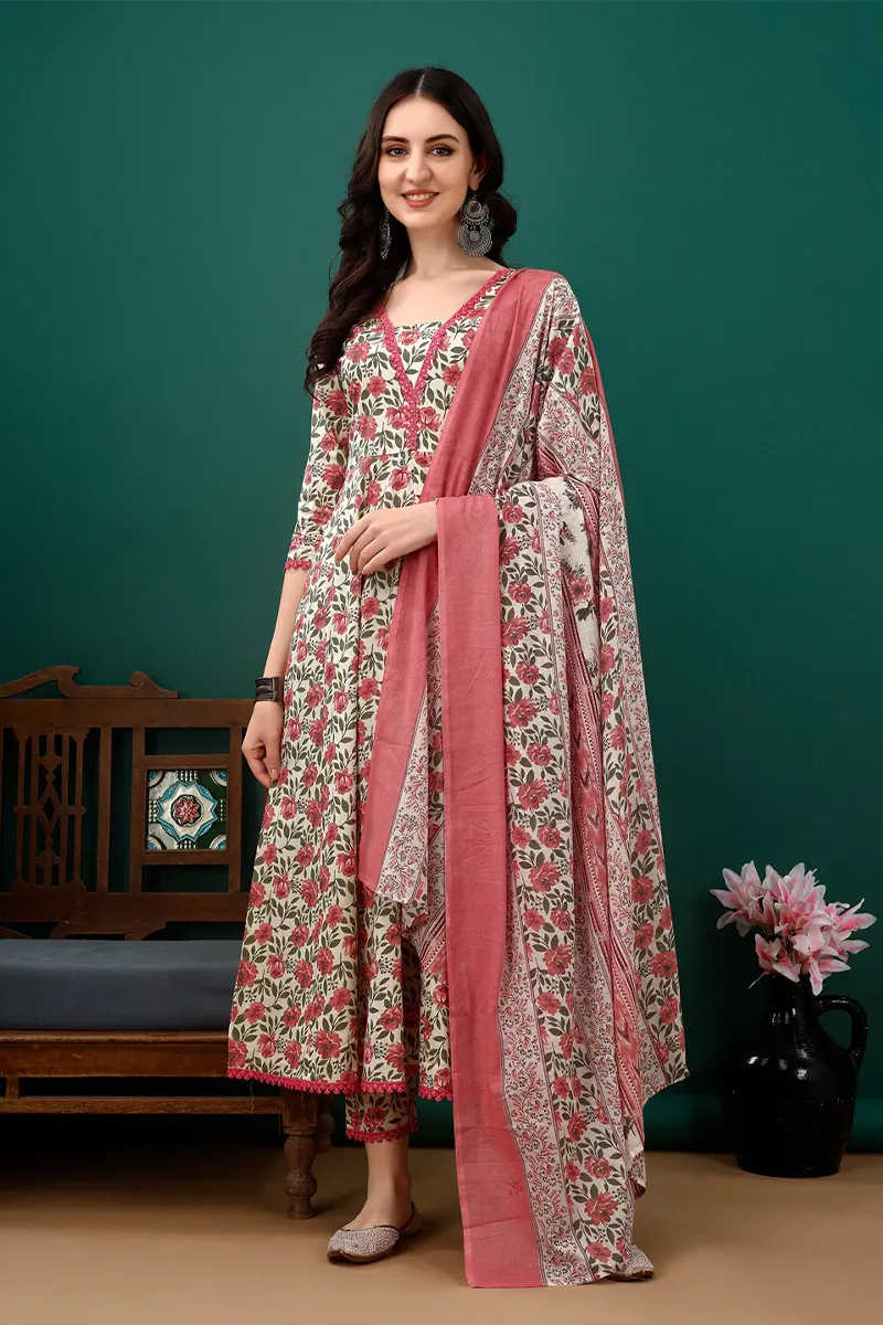 Cotton Floral Printed Anarkali Kurti with Pant & Dupatta Set for Women 