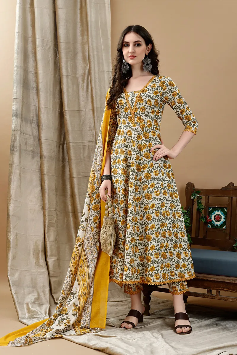Cotton Floral Printed Anarkali Kurti with Pant & Dupatta Set for Women CLW00168YELM Kurti set kurthi 3 pcs set kurtha set salwar set 3 piece salwar set three pies kurti set kurti3set