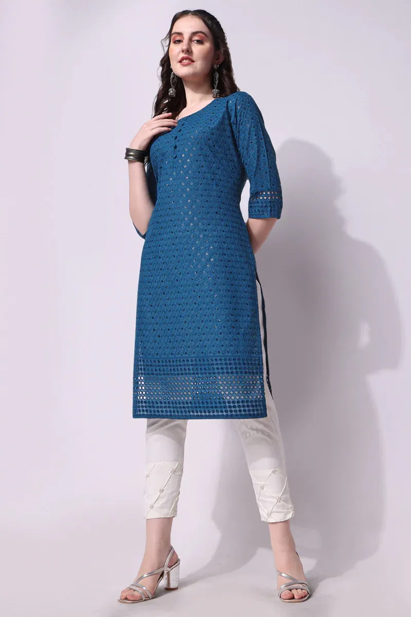 Cotton Embroidered Kurti with Pant Set for Women CLW00170TEAS