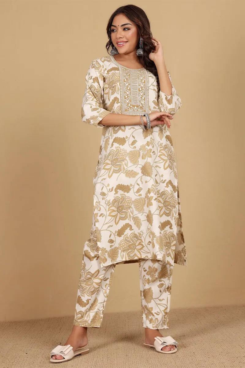 Cotton Blend Botanical Printed Kurti with Pant Set for Women CLW00178CREM