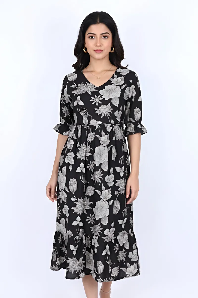 Rayon Floral Printed A-line Dress for Women 