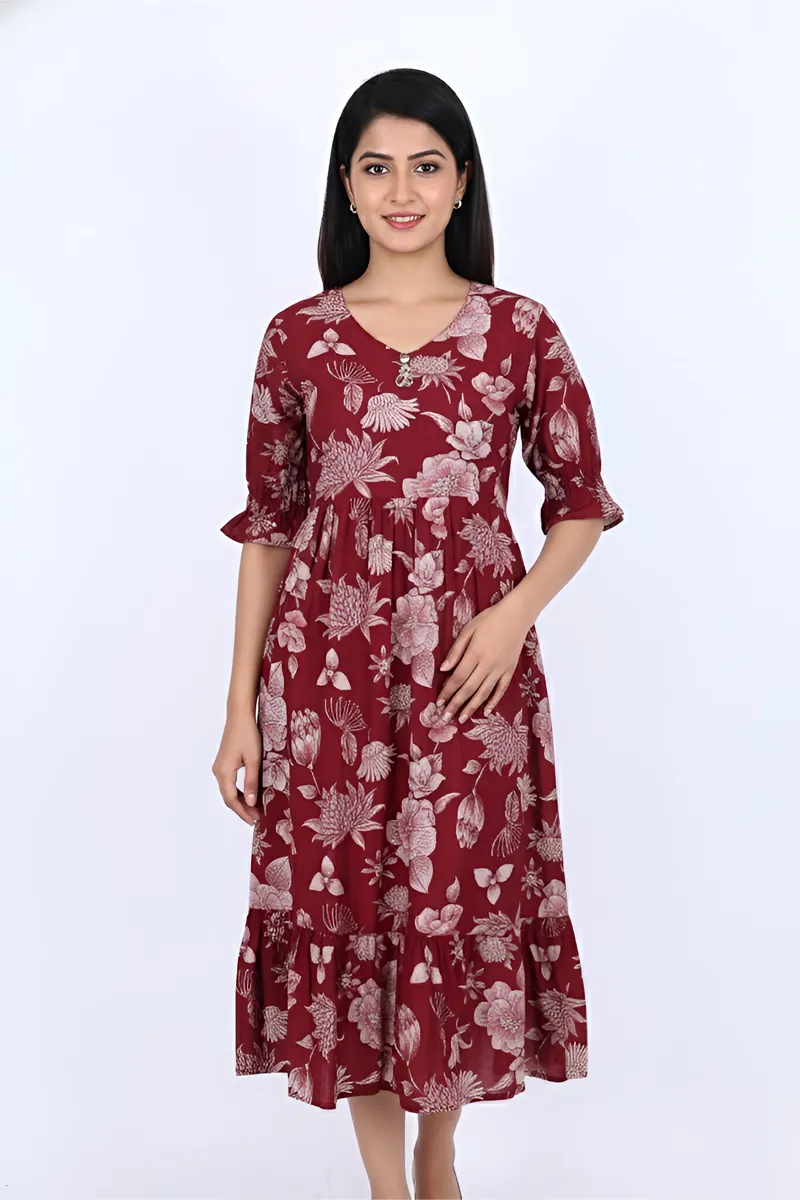 Rayon Floral Printed A-line Dress for Women CLW00203MARXXL
