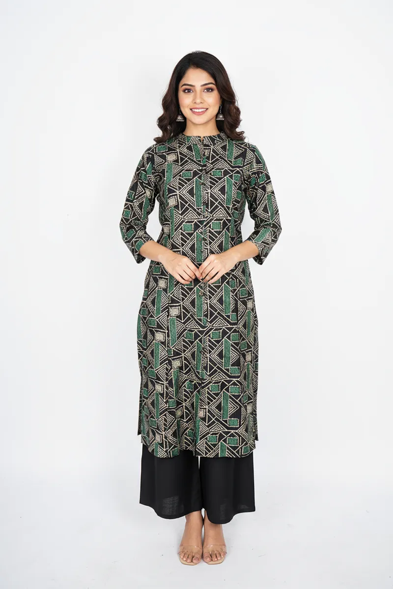 Rayon Geometric Printed Kurti with Pant Set for Women CLW00204GREM