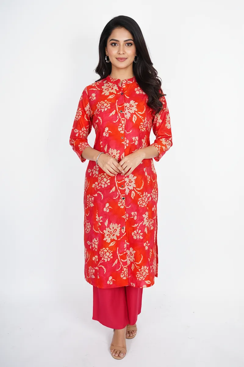 Rayon Floral Printed Kurti with Pant Set for Women CLW00206REDXL