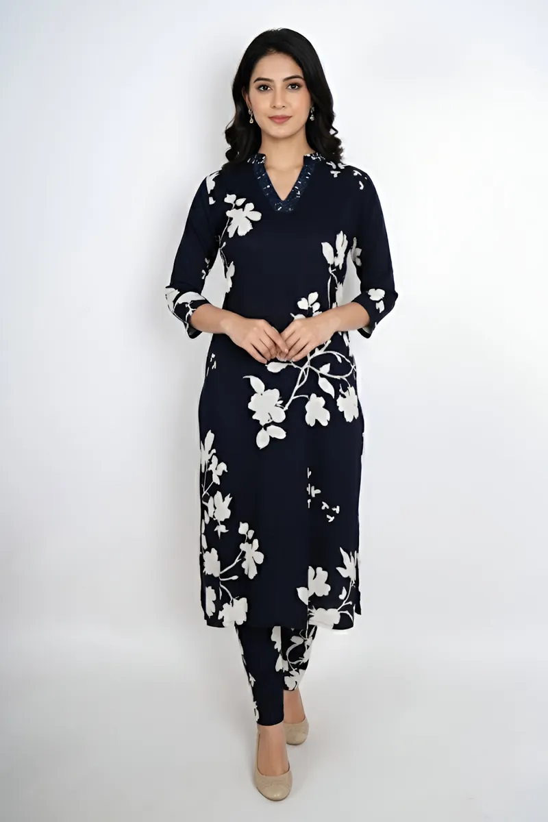Rayon Floral Printed Kurti with Pant Set for Women