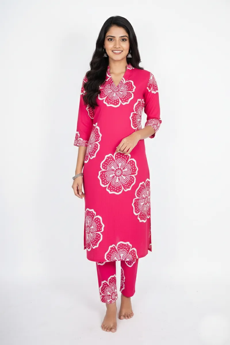 Rayon Floral Printed Kurti with Pant Set for Women CLW00211PINL