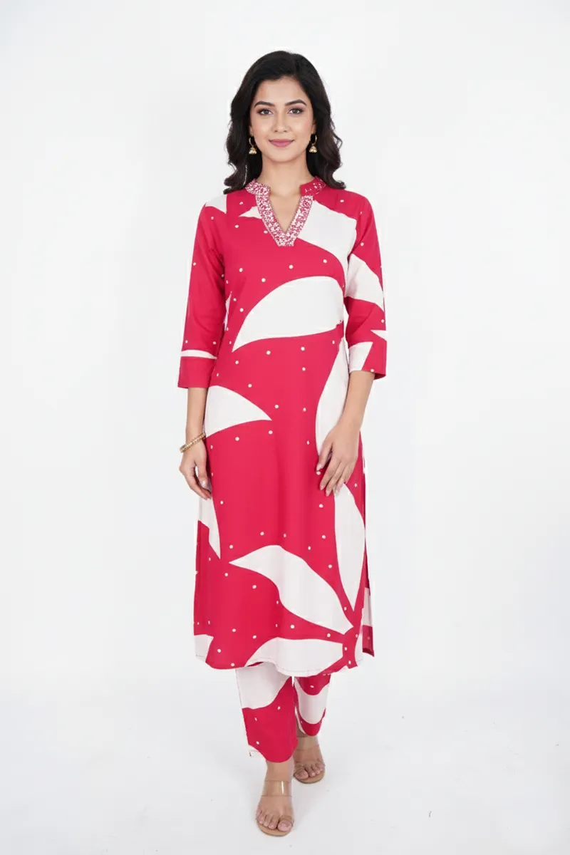 Rayon Printed Kurti with Pant Set for Women CLW00212PINXXL