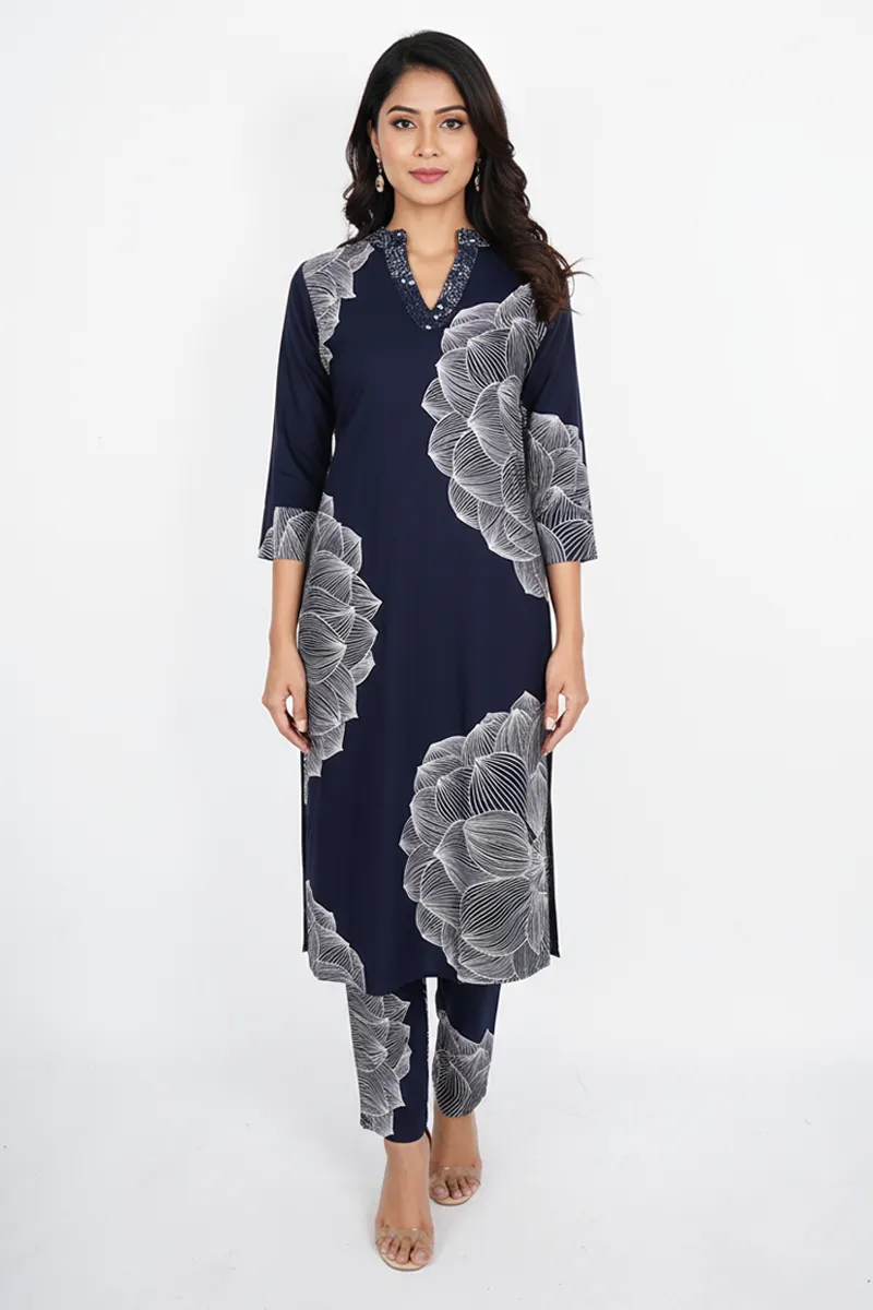 Rayon Floral Printed Kurti with Pant Set for Women CLW00213NAVXXL