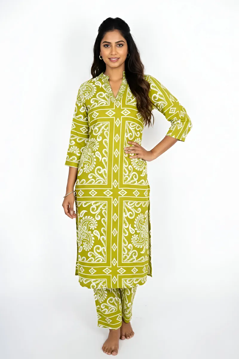 Rayon Paisley Printed Kurti with Pant Set for Women CLW00214GREXXL