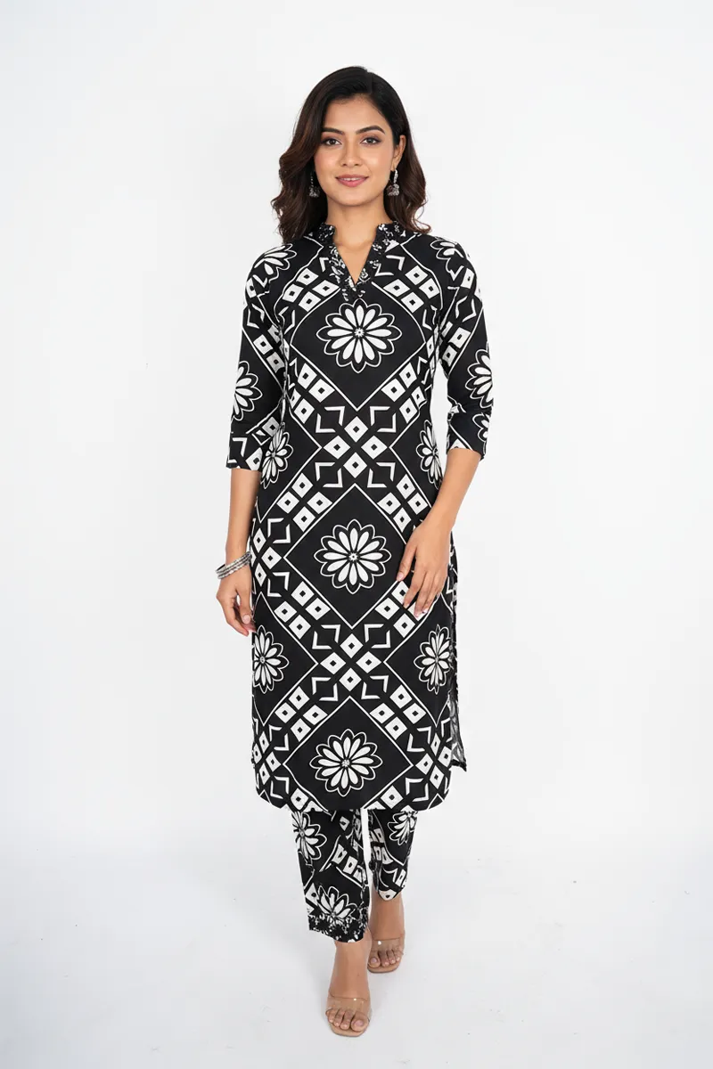 Rayon Printed Kurti with Pant Set for Women CLW00216BLAL