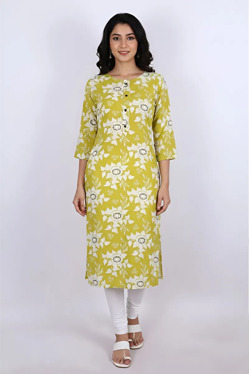 Rayon Floral Printed Kurti for Women CLW00248LIMEGREL