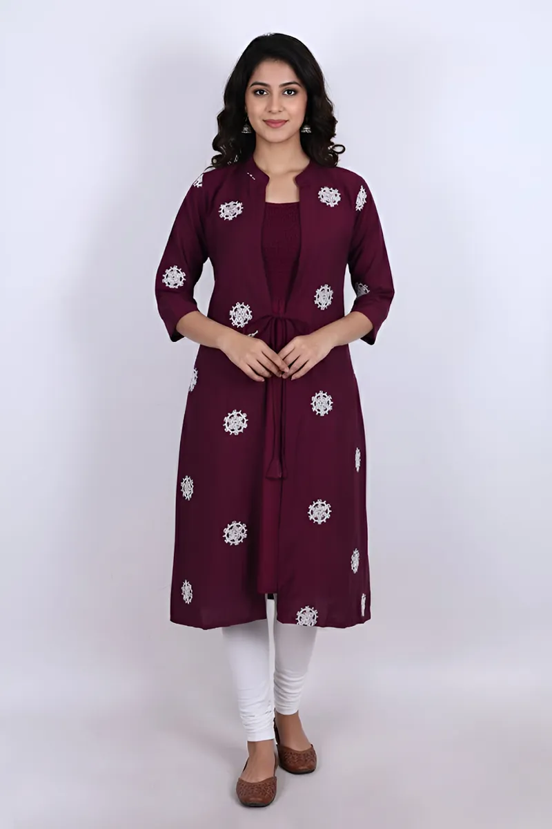 Cotton Embroidered A-line Jacket Kurta for Women CLW00266BURL