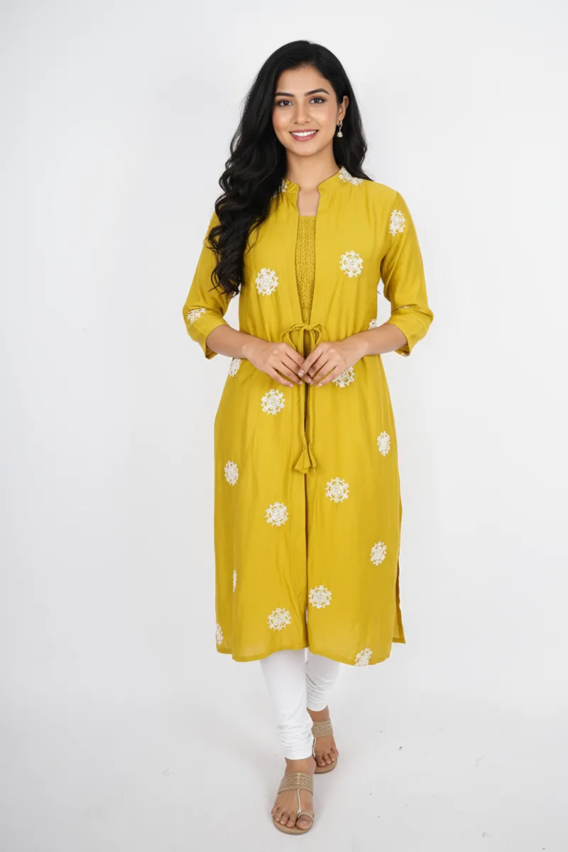 Cotton Embroidered A-line Jacket Kurta for Women CLW00266LIMYELXXL